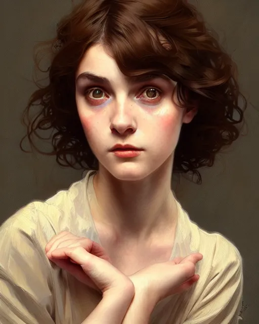 Image similar to portrait of a welsh teenage girl with brown hair, glowing skin, delicate features, amelie poulain, fantasy, intricate, elegant, dress shirt, highly detailed, digital painting, artstation, concept art, smooth, sharp focus, illustration, art by Krenz Cushart and Artem Demura and alphonse mucha