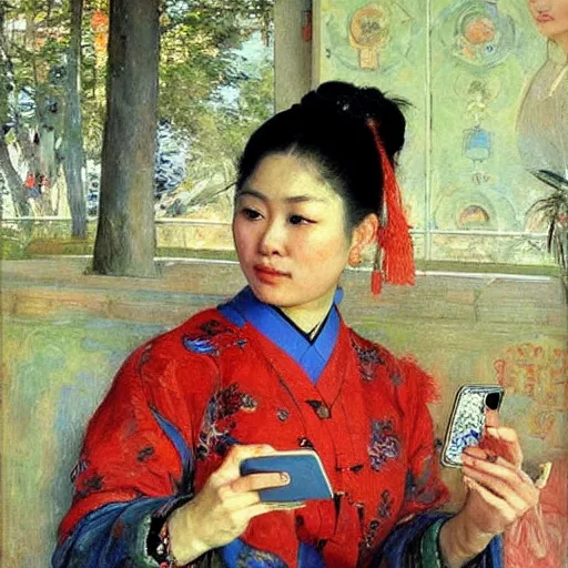 Image similar to portrait of asian beautiful woman with smartphone masterpiece painting by vasnetsov and surikov, JEAN-VICTOR BERTIN, by Terence Cuneo, detailed, t artfully traced