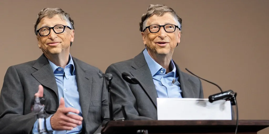 Prompt: Bill Gates giving a press conference while wearing a leather jacket