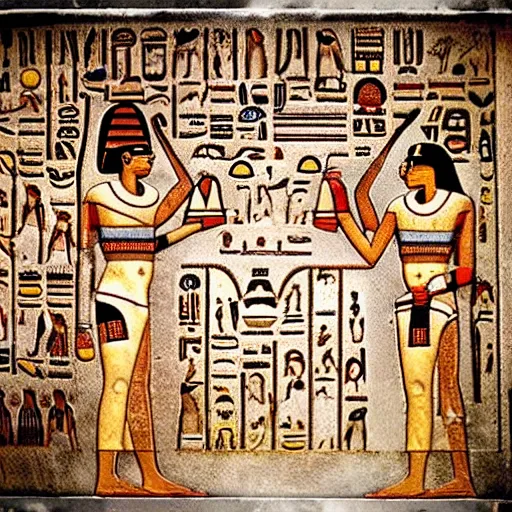 Image similar to people inside an egyptian hieroglyph using an iphone, technology, phone, egyptian, national geographic, polaroid picture