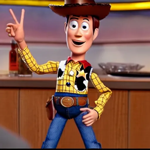 Image similar to Woody from Toy Story on Hot Ones, eating chicken wings