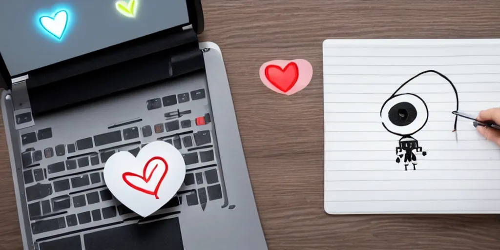 Prompt: a cute tiny robot with big eyes and a big head sitting in a keyboard of a laptop writing letter with cute hearts floating around the picture photorealistic