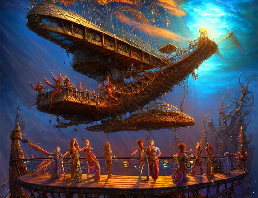 Image similar to standing upon the deck of the flying magical ship as it flies through the multiverse, d & d planescape art, artstation contest winner, beautiful digital painting in the style of dan mumford, volumetric lighting, intricate details, ultrarealistic, fantasypunk, deep colors, cgsociety, by art germ, by gerald brom, by peter mohrbacher