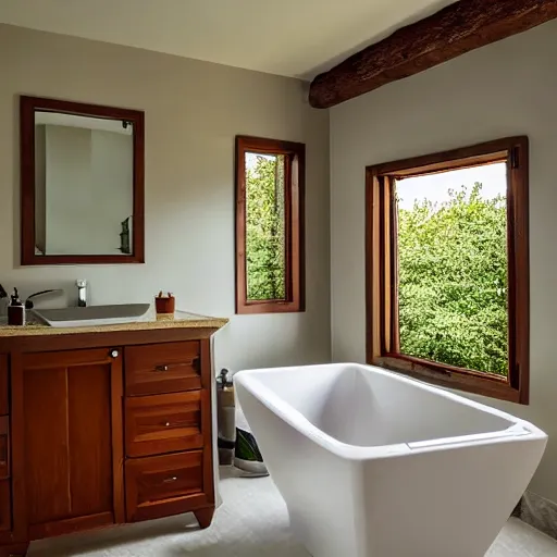 Prompt: Bathroom with a big window with a view to a splendorous fiorde