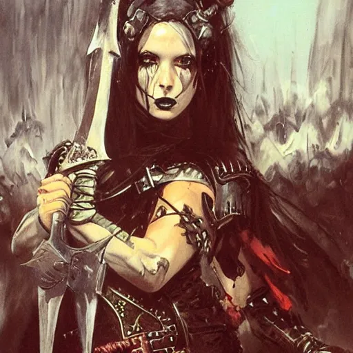 Prompt: portrait of a goth emo girl wearing armor and holding sword by frank fazetta simon bisley, fantasy, barbarian