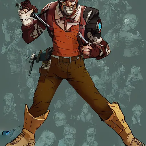 Image similar to Lalo Salamanca as Watts from RWBY, style of Borderlands and by Feng Zhu and Loish and Laurie Greasley, Victo Ngai, Andreas Rocha, John Harris