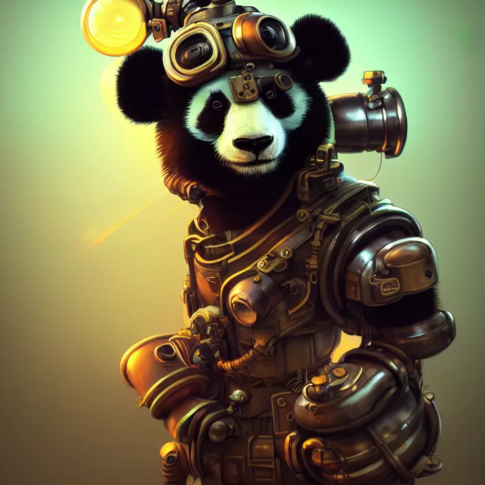 Prompt: dieselpunk android panda, vaporwave, naturel, glossy reflections, hyper detailed, digital art, trending in artstation, cinematic lighting, studio quality, smooth render, unreal engine 5 rendered, octane rendered, art style by klimt and nixeu and ian sprigger and wlop and krenz cushart.