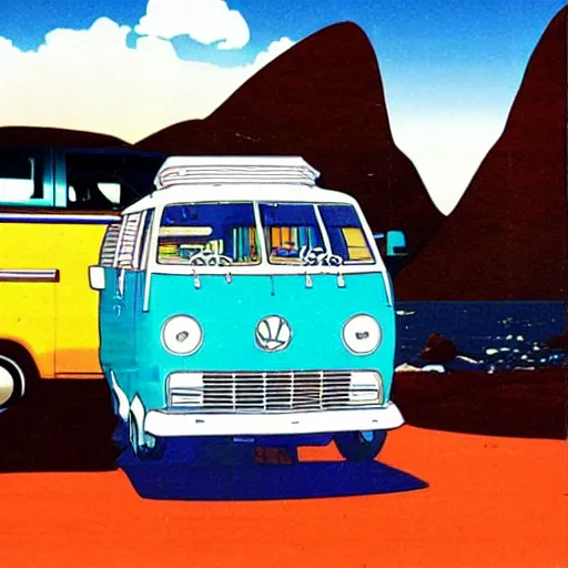 Image similar to campervan near the ocean, 80's anime style