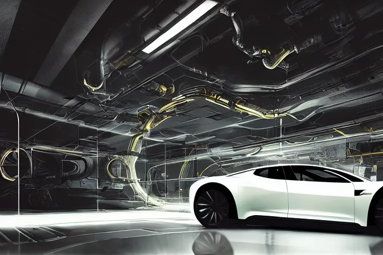 Prompt: a photo of a futuristic science fiction tesla car on a reflective black floor in a industrial diesel punk scientific research laboratory, hyper detailed, smooth, high contrast, volumetric lighting, octane, jim lee, craig mullins, vibrant rich deep color