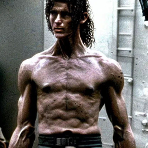 Image similar to tall muscular soldier with rock skin, still from the movie aliens