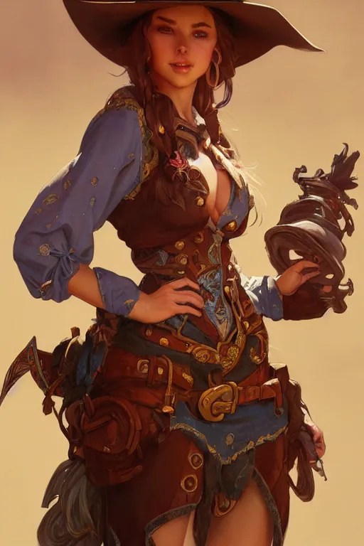 Image similar to beautiful female cowgirl, full body shot, d & d, fantasy, intricate, elegant, highly detailed, digital painting, artstation, concept art, matte, sharp focus, illustration, hearthstone, art by artgerm and greg rutkowski and alphonse mucha