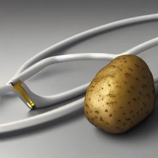 Image similar to a potato connected to a voltmeter by curly wires. white background photo realistic, 4 k, well lit, vray render