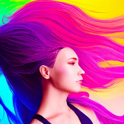 Image similar to a award winning upper body portrait of a beautiful woman in a tanktop with a ombre purple pink hairstyle with head in motion and hair flying, outrun, vaporware, vivid colors, highly detailed, fine detail, intricate