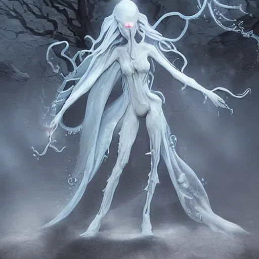 Image similar to concept designs for an ethereal ghostly wraith like figure with a squid like parasite latched onto its head and long tentacle arms that flow lazily but gracefully at its sides like a cloak while it floats around a frozen rocky tundra in the snow searching for lost souls and that hides amongst the shadows in the trees, this character has hydrokinesis and electrokinesis for the resident evil village video game franchise with inspiration from the franchise Bloodborne