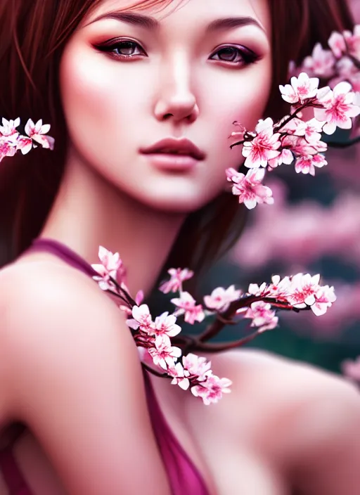 Image similar to photo of a gorgeous female in the style of stefan kostic, realistic, half body shot, sharp focus, 8 k high definition, insanely detailed, intricate, elegant, art by stanley lau and artgerm, extreme blur cherry blossoms background