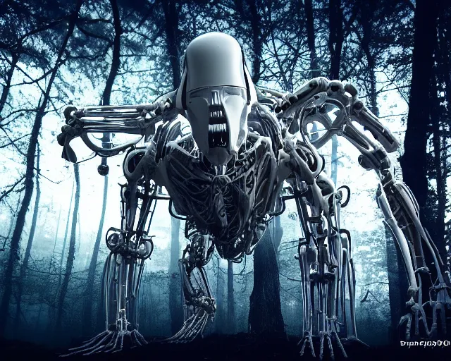 Prompt: photo of a white terminator spider with biomechanical cybernetic body with antennas and visor cogs and gears and components in the forest. cyberpunk horror style. highly detailed 8 k. intricate. nikon d 8 5 0 5 5 mm. award winning photography.