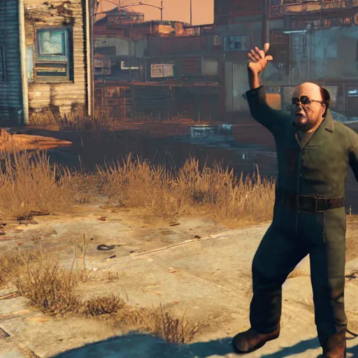 Prompt: in-game screenshot of Danny Devito in Fallout 4 (2016)