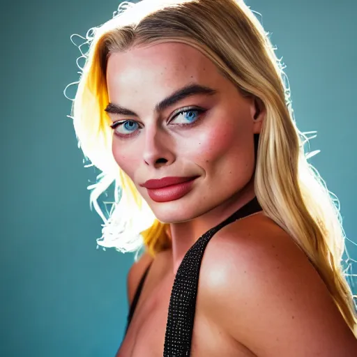 Image similar to a beautiful medium - shot of margot robbie, harley queen, beautiful natural backlight, bokeh, by terry richardson