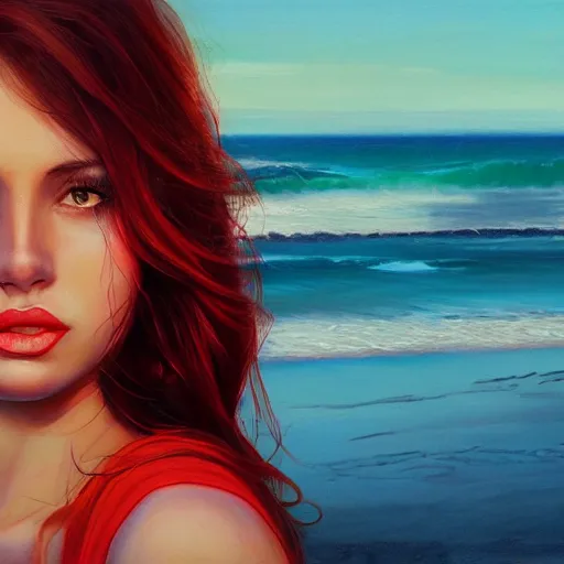 Prompt: woman with long dark brown hair wearing red clothing standing by the beach, beautiful, 8k, highly detailed, realistic, artgerm, sakimichan, rutkowski, trending on artstation, perfect face, portrait, high contrast, golden light, dramatic lighting,