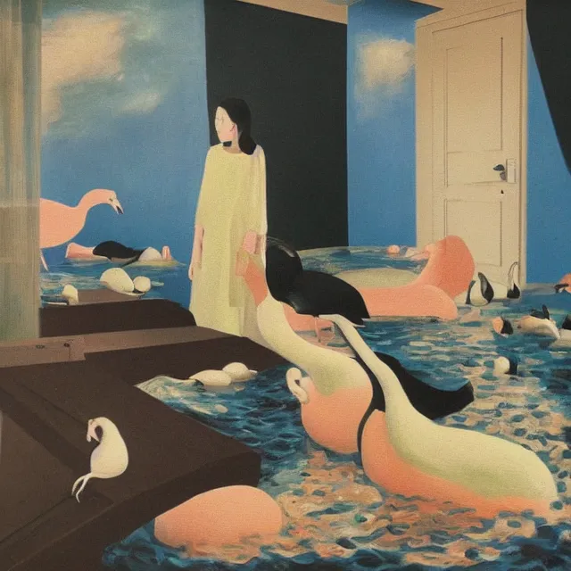 Image similar to female emo art student in her apartment, painting of flood waters inside an artist's feminine bedroom, a river flooding indoors, pomegranates, pigs, ikebana, water, octopus, river, rapids, waterfall, black swans, canoe, berries, acrylic on canvas, surrealist, by magritte and monet