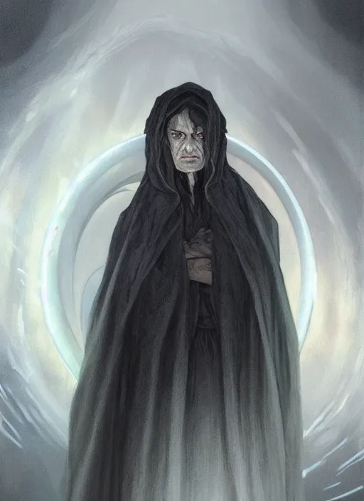 Image similar to Portrait of Elim Garak, white glowing eyes, black shaggy hair, cloak, ethereal, male, fantasy, extremely detailed, digital painting, artstation, concept art, smooth, sharp focus, illustration, stunning lighting, art by artgerm and greg rutkowski and alphonse mucha and simon stalenhag, realistic character concept, high fantasy, light atmosphere, golden ratio, cinematic lighting, hyperdetailed, high resolution, insanely detailed and intricate, artstation, Marc Simonetti, Greg Rutkowski, 8k