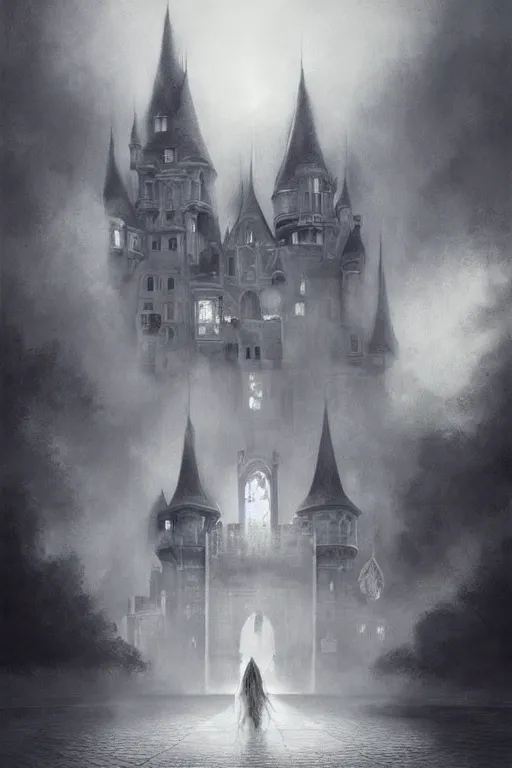 Prompt: By Tom Bagshaw, ultra realist soft painting of a castle court by night, centered fading Kpop female artist fully dressed, horror, omnious sky, symmetry accurate features, very intricate details, black and white, fading rainbow light, volumetric light clouds, artstation, 8K