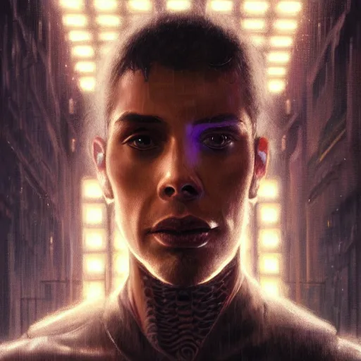 Image similar to portrait of a man with face tattoos, sci - fi, cyberpunk, blade runner, glowing lights, tech, biotech, techwear, intricate, elegant, highly detailed, digital painting, artstation, concept art, smooth, sharp focus, illustration, art by artgerm and greg rutkowski and alphonse mucha