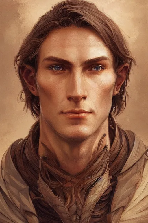 Image similar to up close portrait of a male wood elf, d & d, face, fantasy, intricate, elegant, highly detailed, digital painting, artstation, concept art, smooth, sharp focus, illustration, art by artgerm and greg rutkowski and alphonse mucha