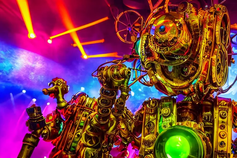 Image similar to scene is elrow party in amnesia in ibiza, portrait photo of a giant huge golden and blue metal steampunk robot, with gears and tubes, eyes are glowing red lightbulbs, audience selfie, shiny crisp finish, 3 d render, 8 k, insaneley detailed, fluorescent colors, haluzinogetic, background is multicolored lasershow