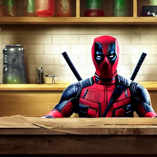 Prompt: movie still of deadpool as a pickle sitting on a workbench, high resolution, cartoon
