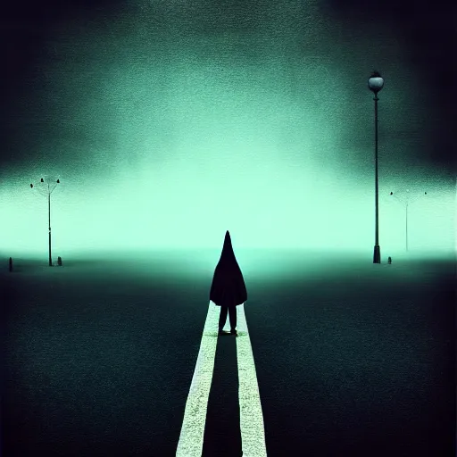 Prompt: photo - realistic, painting of a wizard walking alone in the boulevard of broken dreams, painted black, hyper detail, in the style of beeple, rule of thirds
