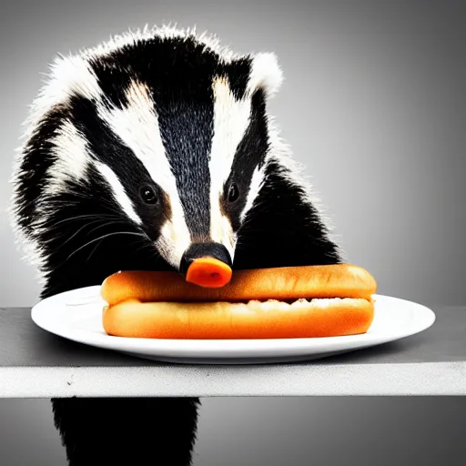 Image similar to photo of a badger eating a hot dog, dynamic lighting, high contrast