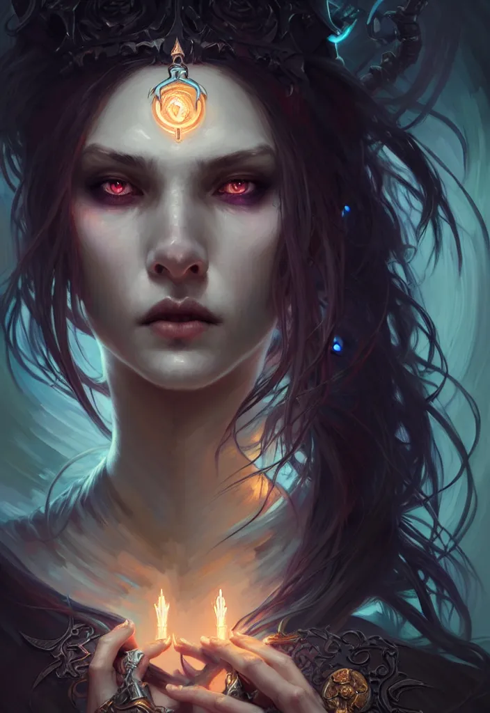 Image similar to Necromancer Sorceress face in center, fantasy magic, undercut hairstyle, dark light night, intricate, elegant, sharp focus, illustration, highly detailed, digital painting, concept art, matte, art by WLOP and Artgerm and Greg Rutkowski and Alphonse Mucha, masterpiece