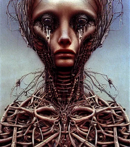 Image similar to beautiful portrait of face of biomechanical woman by zdislaw beksinski, beautiful, masterpiece, award - winning, complex