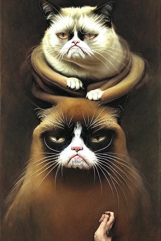 Image similar to portrait of grumpy cat in the style of wayne barlowe, gustav moreau, goward, bussiere, roberto ferri, santiago caruso, luis ricardo falero, austin osman spare