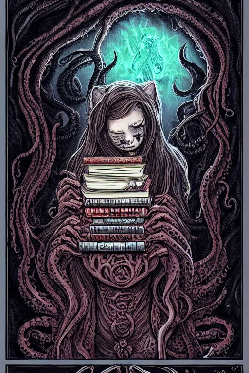 Image similar to biden illustration of romantic girl, her cat and her book of necronomicon, symmetrical, cinematic, sharp focus, 4 k, ultra hd, sense of awe, sinister demonic atmosphere, dreadful, forbidden knowledge, old gods, cthulhu, yog - sothoth! yah, yah, yah! cultist journal cover