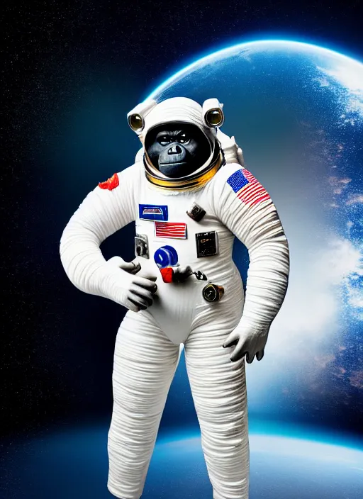 Image similar to studio photo still of a full body gorilla in a space suit, 8 k, studio lighting, key light from right side,