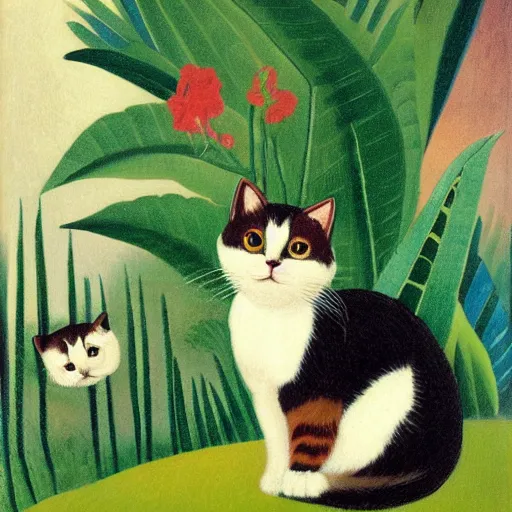 Prompt: calico cat in the style of henri rousseau