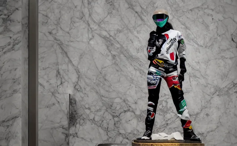 Image similar to masterpiece portrait of a white marble statue of a girl with colorful motocross logos, kawasaki ninja, ducati, vetements, balenciaga, carved marble statue, fine art, in the style of virgil abloh, 8 k, 4 k, detailed, realistic, beautiful, symmetrical, vogue, paris, fashion