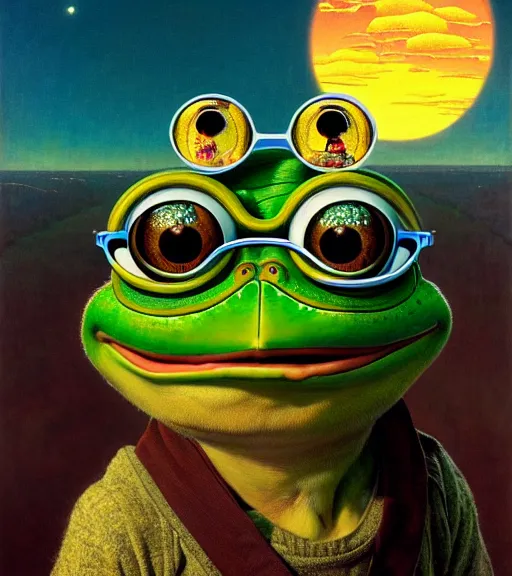 Prompt: portrait of pepe the frog in summer dawn, positive atmosphere, cool vibes, norman rockwell, tim hildebrandt, bao phan, bruce pennington, larry elmore, oil on canvas, deep depth field, masterpiece, cinematic composition, hyper - detailed, hd, hdr