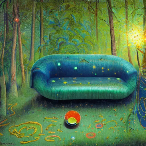 Image similar to psychedelic couch sofa in the lush pine forest, milky way, designed by arnold bocklin, jules bastien - lepage, tarsila do amaral, wayne barlowe and gustave baumann, cheval michael, trending on artstation, star, sharp focus, colorful refracted sparkles and lines, soft light, 8 k 4 k