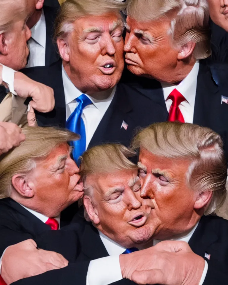 Image similar to high quality photo of donald trump kissing donald trump. donald trump kissing donald trump. donald trump kissing donald trump. award winning