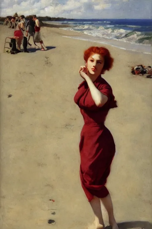 Prompt: a red haired girl beach vittorio matteo corcos