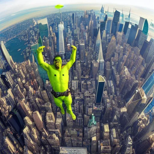 Prompt: Hulk in a wingsuit flying over NYC