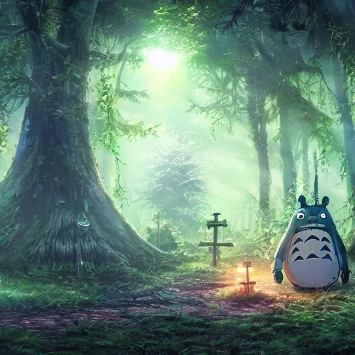 Prompt: A forest with a ray of light shining down onto the forest floor, tattered robot, totoro hiding behind tree, magical, enchanting, graveyard, studio ghibli, beautiful, fantasy, digital art, high detail, excellent quality, 4K, OLED