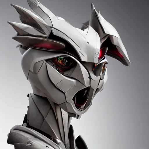 Image similar to stunning bust of a beautiful anthropomorphic humanoid robot mecha female dragon, with smooth and streamlined armor, standing and posing elegantly, well detailed dragon head with epic LED eyes and a warm maw, sharp and sleek design, two arms, two legs, long tail, beautiful digital art, artstation, DeviantArt, FurAffinity, professional, depth of field, close-up, hd, octane render, sunset lighting