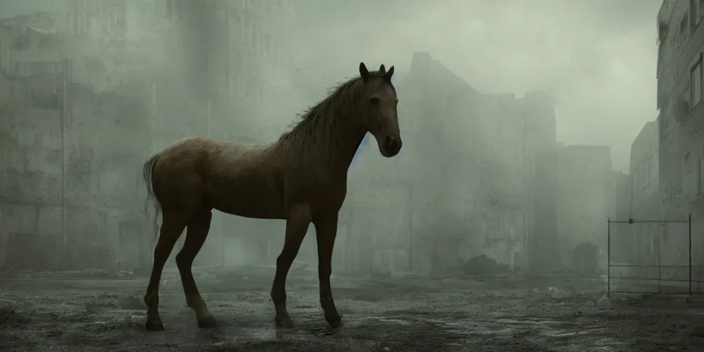 Prompt: horse standing alone in an abandoned courtyard of a destroyed city, moody atmosphere, fog, sunset, cinematic, style of Steven Spielberg, wide angle lens, artstation trending, highly detailed,