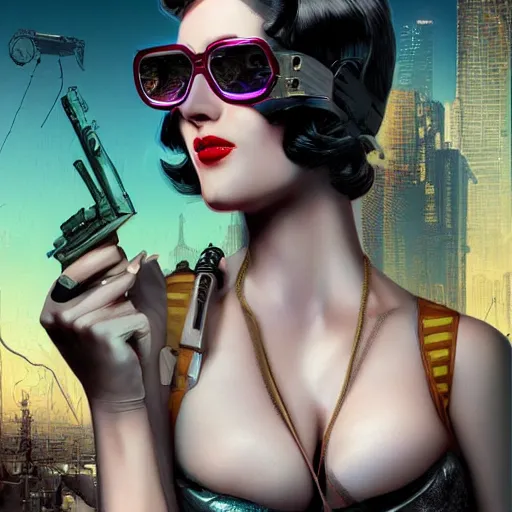 Prompt: a portrait 1 9 2 0 style cyberpunk neon pinup girl with sunglasses by sandra chevrier, detailed render, epic composition, cybernetics, 4 k realistic, cryengine, realistic shaded lighting, sharp focus, masterpiece, by matteo scalera, gary montalbano, peter elson in the style of the tokyo ghost comic