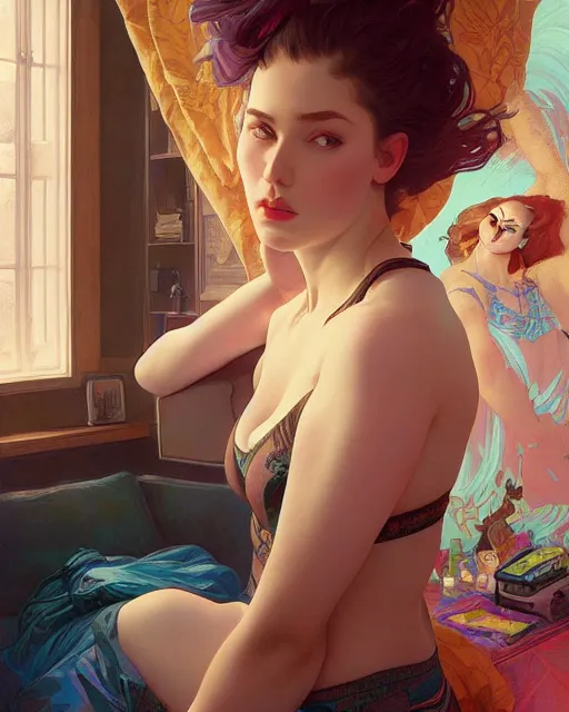 Image similar to emily rajtkowski, posing, vaporwave, bedroom, highly detailed, digital painting, artstation, concept art, smooth, sharp focus, illustration, art by artgerm and greg rutkowski and alphonse mucha