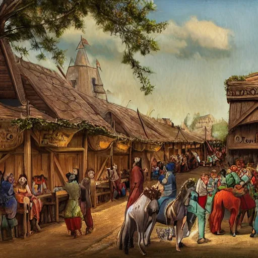 Image similar to a medieval horse market, fantasy art